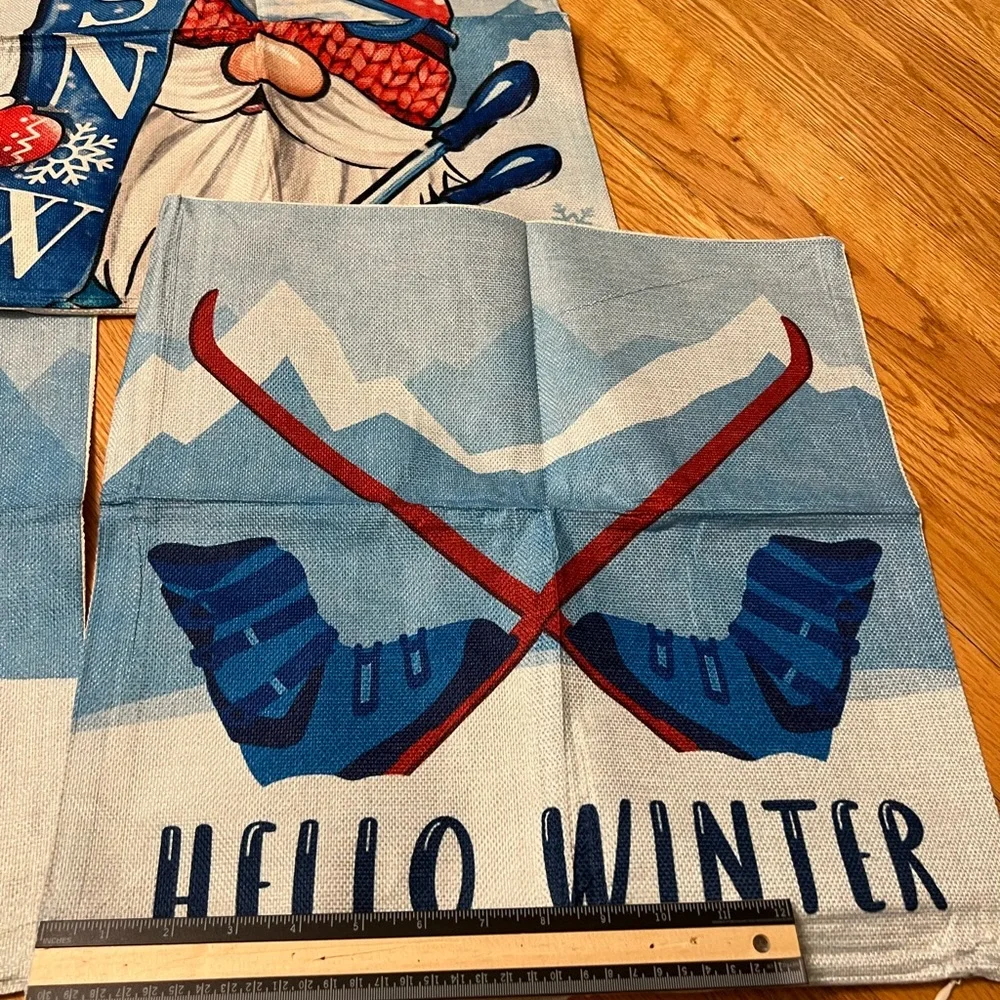 4 Winter Gnome skiing snowboarding Pillow Covers Set